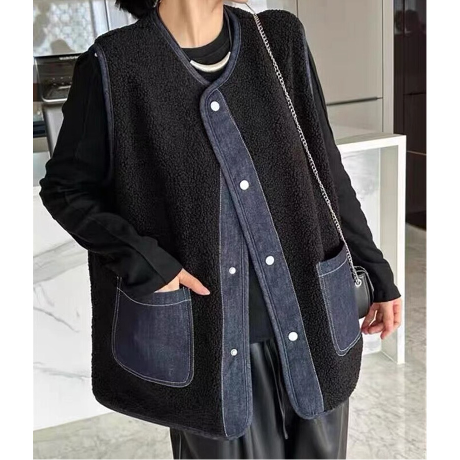 Lamb wool vest for women's outer wear autumn and winter  new Korean loose and versatile denim vest jacket for small people