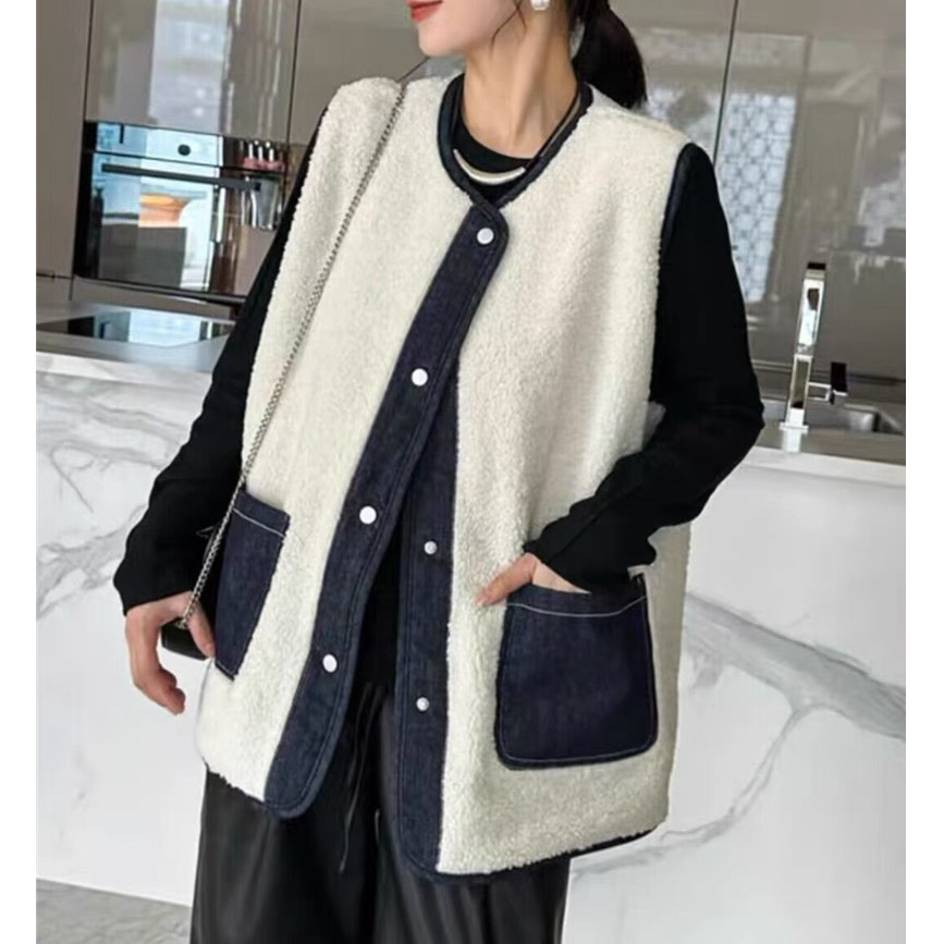 Lamb wool vest for women's outer wear autumn and winter  new Korean loose and versatile denim vest jacket for small people