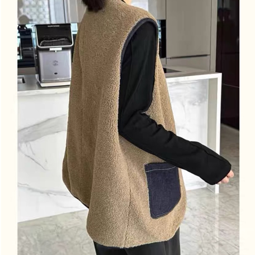 Lamb wool vest for women's outer wear autumn and winter  new Korean loose and versatile denim vest jacket for small people