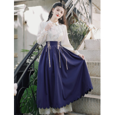 批发6505 春 复古文艺森女风绣花长袖+绣花大摆拼蕾丝裙多色 套装40+