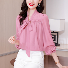 批发实拍粉色雪纺衬衫女春季2026新款减龄法式别致长袖小衫