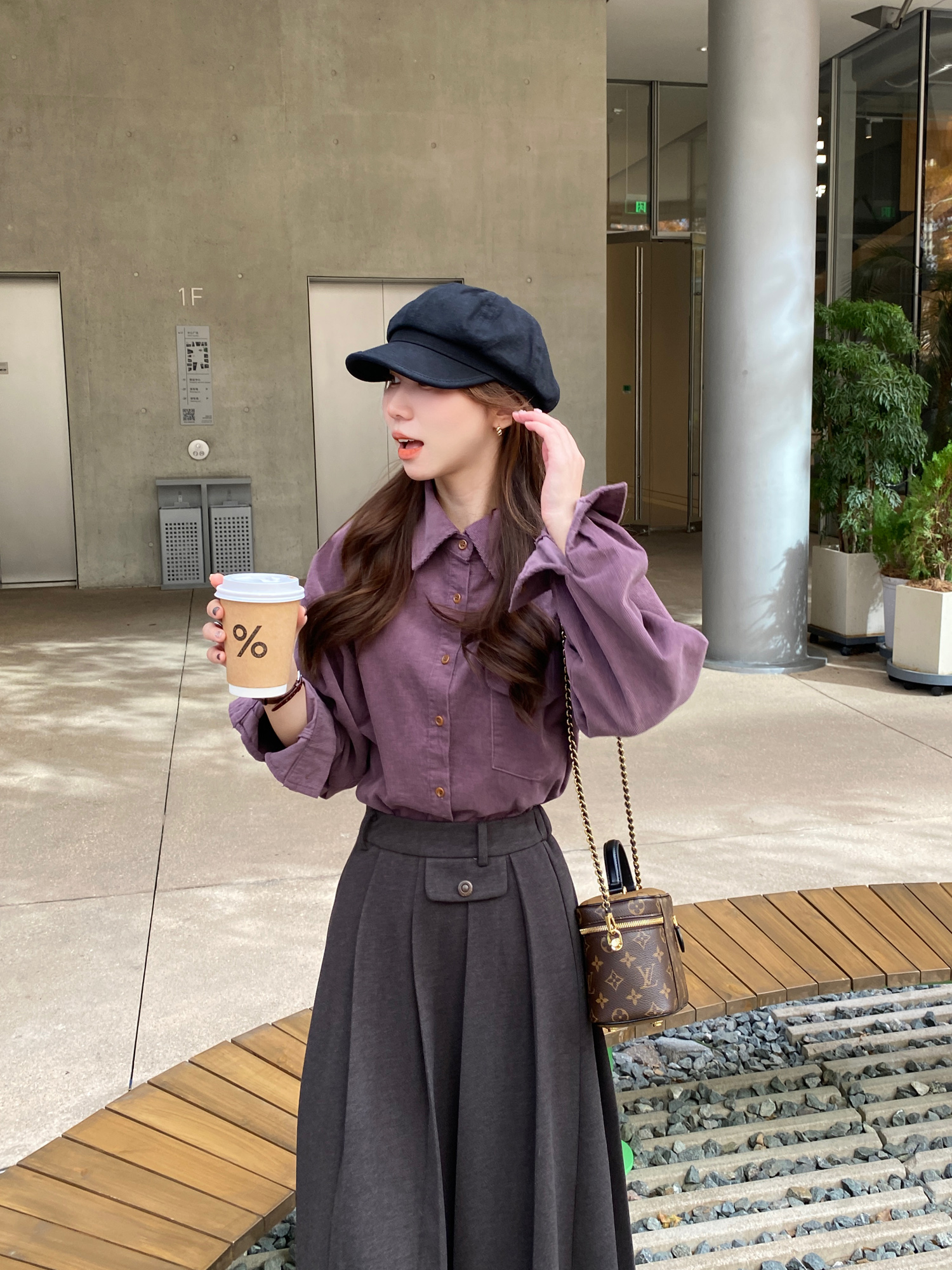Berry Xiu Er Huan Da Pang Customized Purple Retro Corduroy Shirt High-end Long Sleeve Lapel Top