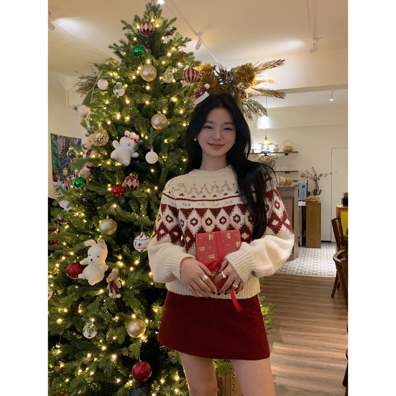 Gentle red Christmas sweater for women 2023 new autumn and winter contrast color jacquard thickened warm sweater top
