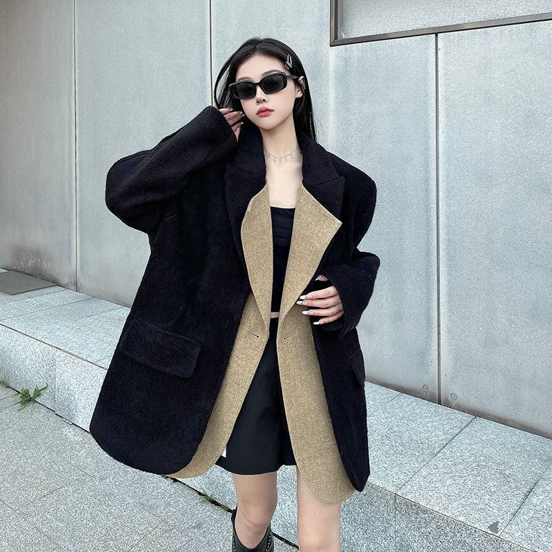 Black thickened woolen blazer women's autumn and winter color matching high-end loose woolen coat casual suit