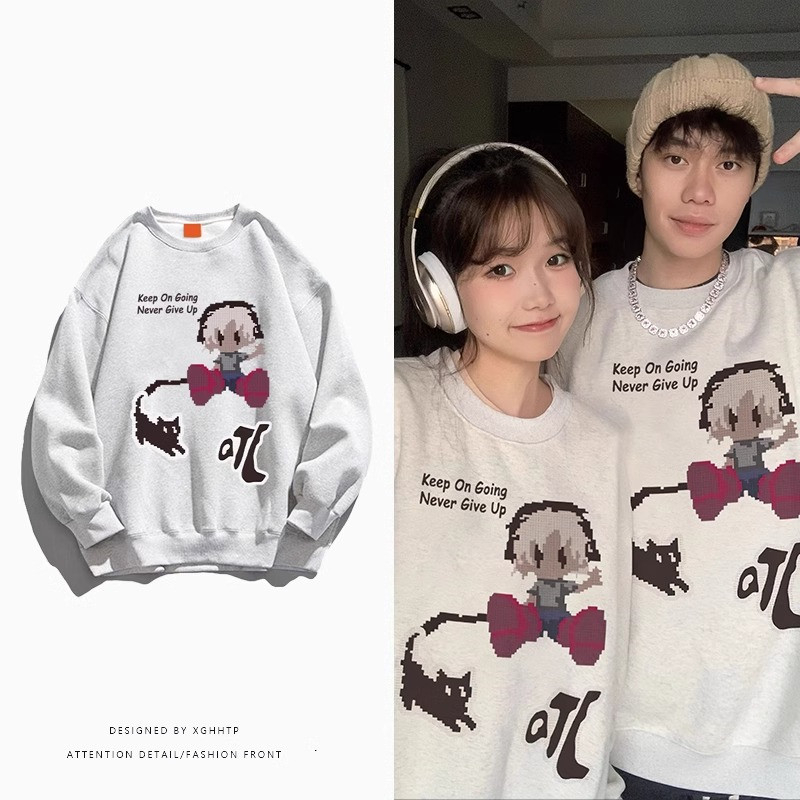 Official picture of waffle pixel cartoon villain printed round neck couple sweatshirt autumn and winter loose casual jacket