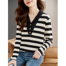 批发条纹V领长袖t恤女春季新款2026法式别致独特打底衫上衣