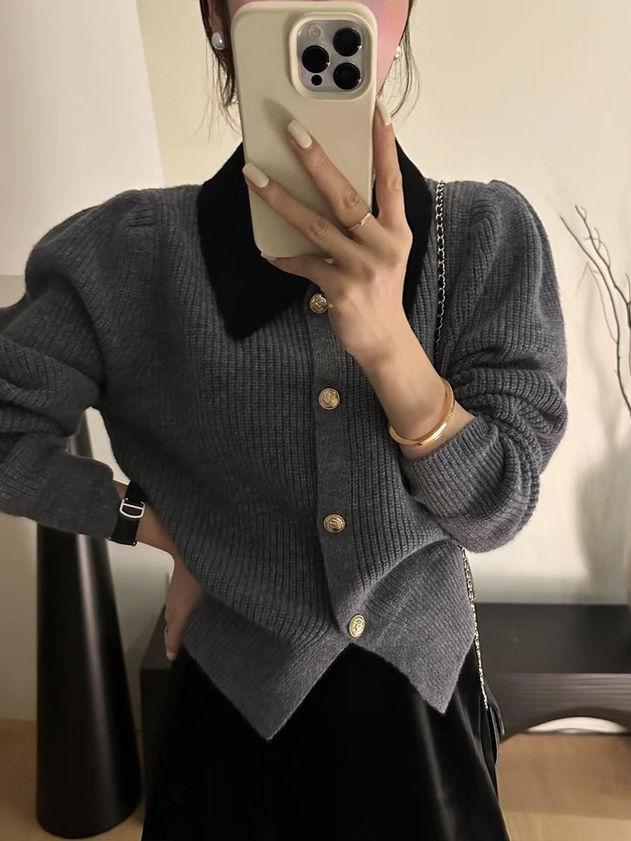 European style small fragrance lapel red wool sweater for women 2023 autumn and winter new loose and versatile age-reducing sweater