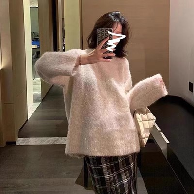 車厘子紅色聖誕毛衣女秋冬寬鬆外穿慵懶風復古加厚套頭針織衫上衣