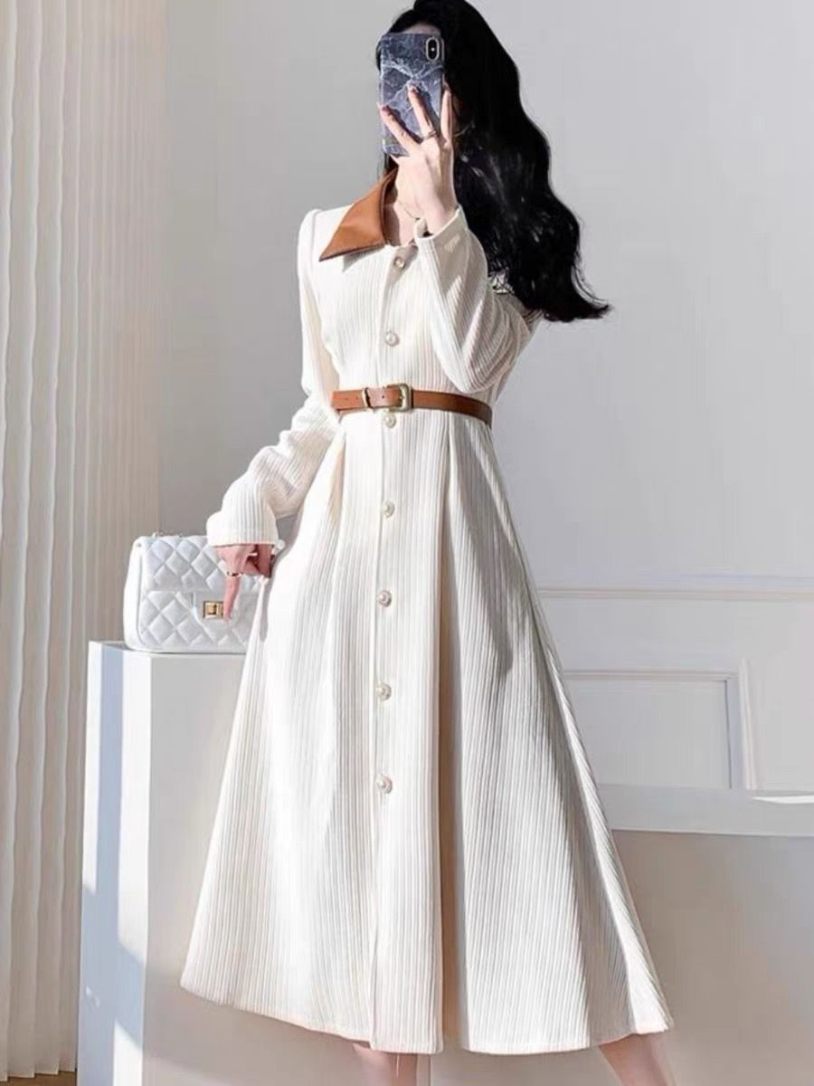 Fashionable lady long-sleeved dress spring new sweet and gentle commuting mid-length skirt women's stripes