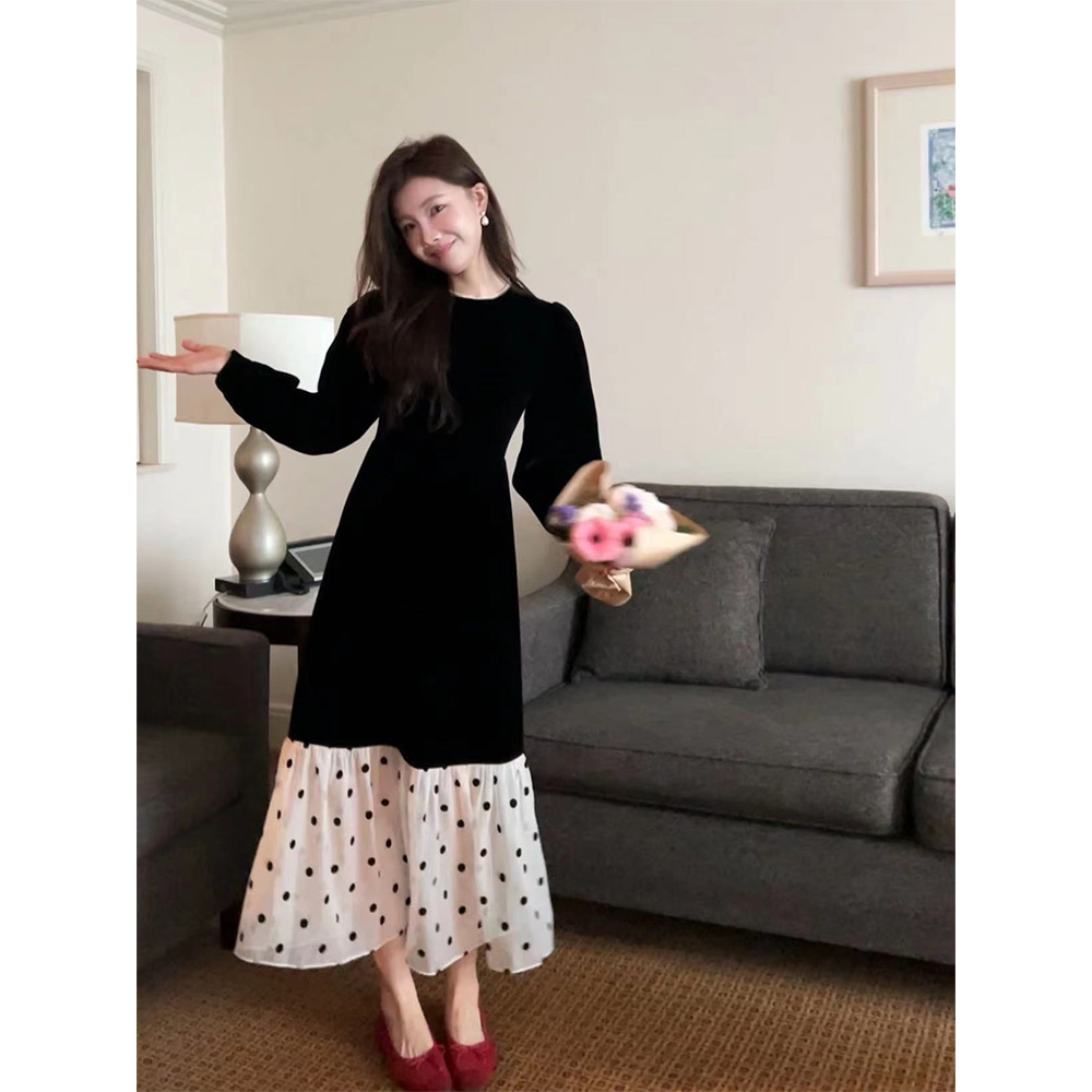 Big head black STUDIO2023 women's slim winter temperament French splicing dress D223X11278