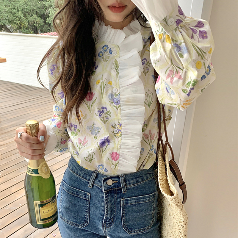 Korean chic summer French romantic high collar stitching ruffle floral print design bell sleeve shirt top