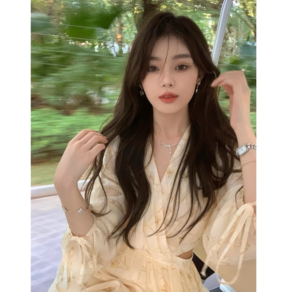 ByYou spring temperament and high-end tea break French v-neck floral dress with waist slimming puff sleeve long skirt