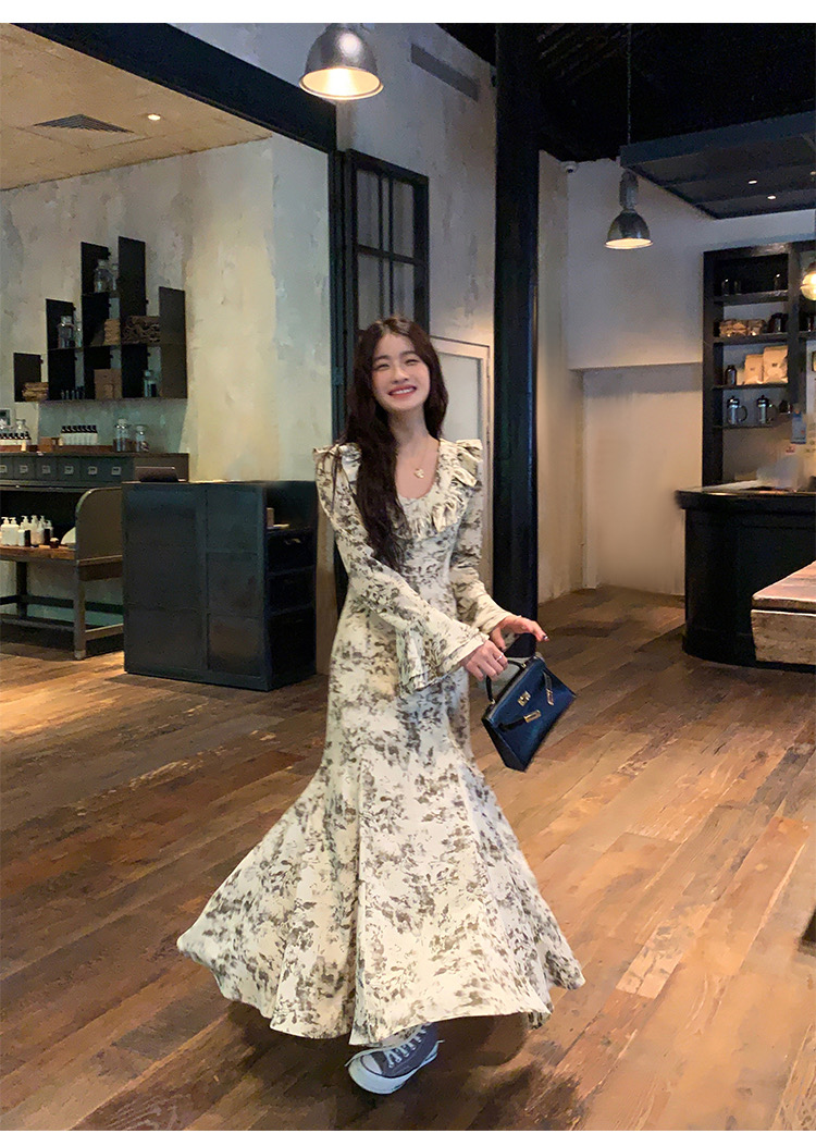 pusumede French floral dress for women with ruffle design, waist-cinching, elegant fishtail skirt, long skirt