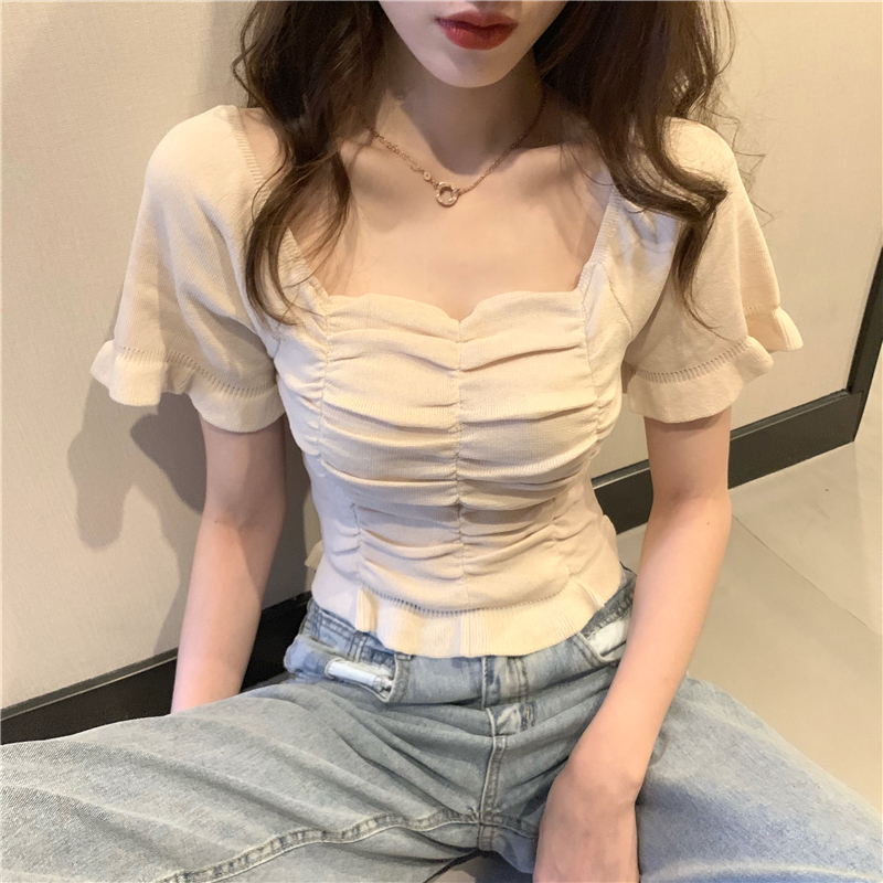 Design niche French short square collar top new summer puff sleeves slim right shoulder short sleeve t-shirt for women