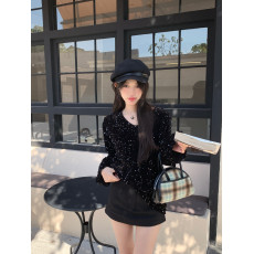 批发实价实拍 秋冬新款气质亮皮V领小衫女春亮片性感修身上衣<b class='q'>礼服</b>