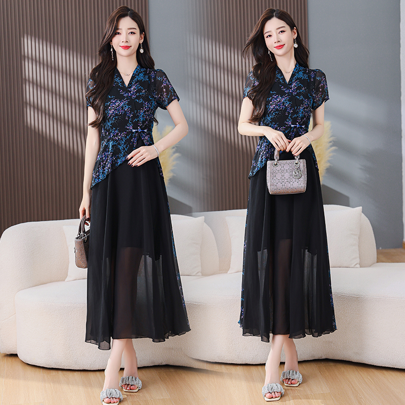 PF27850# 新中式连衣裙女夏季新款时尚高端气质显瘦高级感裙子v领长裙女裝貨源服裝批發