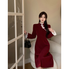 批发实拍大码胖mm冬季改良版新中式连衣裙女新年战袍国风盘扣<b class='q'>旗袍</b>长裙