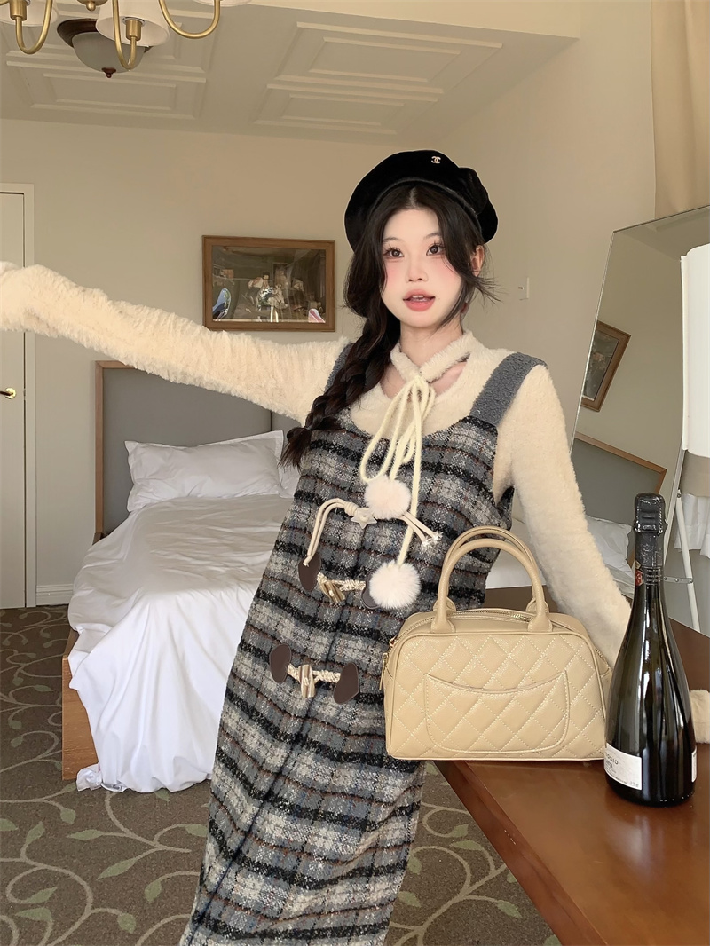 Real shot plaid suspender dress autumn and winter retro temperament waist-cinching horn buckle slit suspender skirt suit