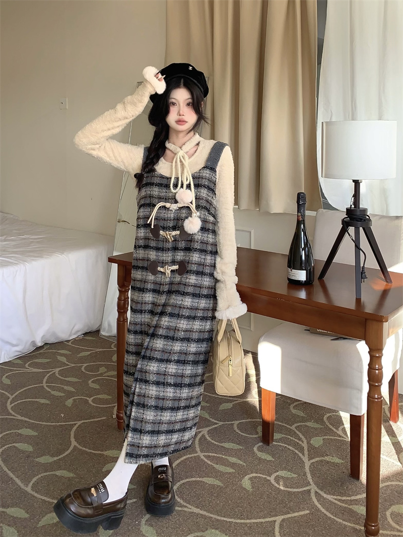 Real shot plaid suspender dress autumn and winter retro temperament waist-cinching horn buckle slit suspender skirt suit