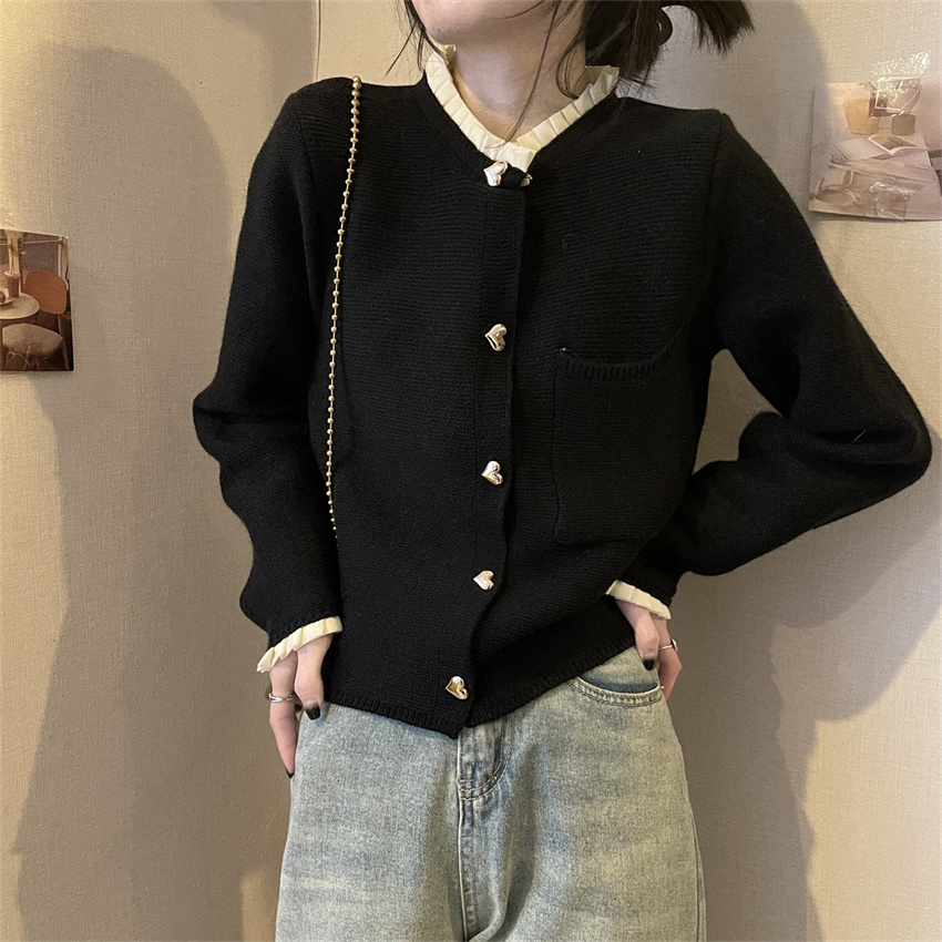 Real shot of fungus lace stitching knitted cardigan women's button thickened sweater versatile jacket top