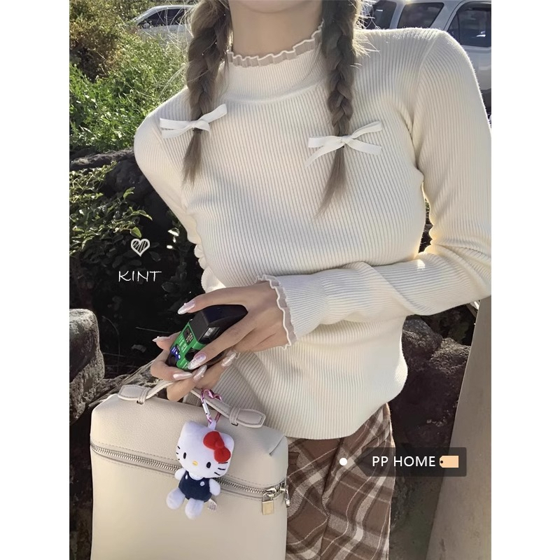 PPHOME lace ~ half turtleneck long-sleeved knitted sweater with earrings in autumn and winter slim-fitting bottoming shirt with top
