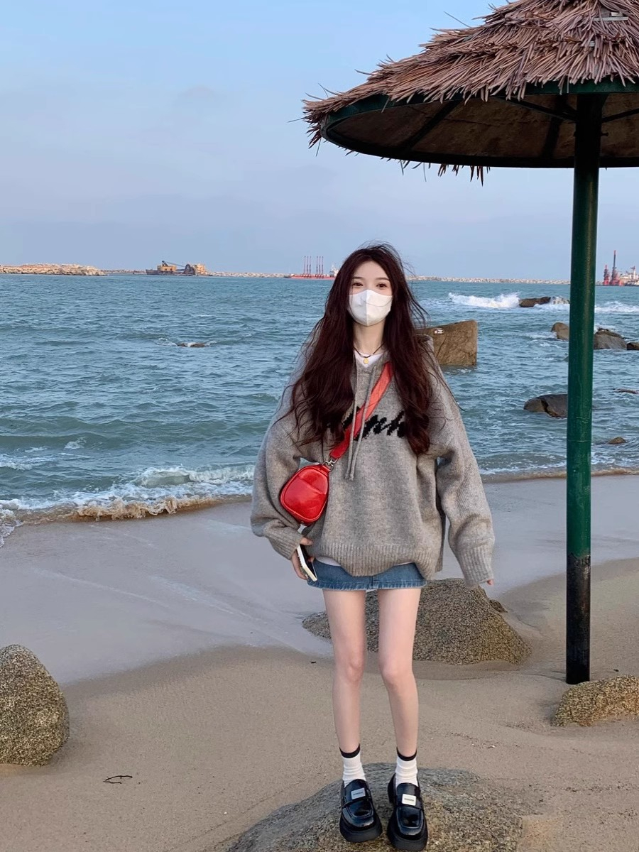 灰色連帽針織衫衛衣女秋季美式復古寬鬆慵懶風中長款毛衣外套上衣