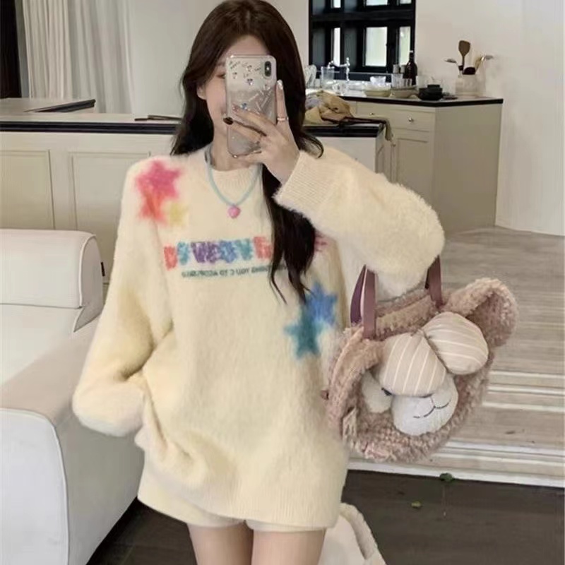 慵懶風軟糯氣質毛衣女新款寬鬆小眾設計感塗鴉套頭針織衫上衣外穿
