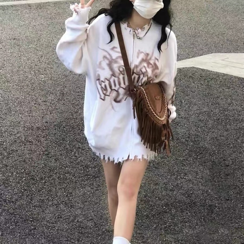 美式復古扎染設計感小眾毛衣外套女冬季慵懶長袖拉鏈針織開衫上衣