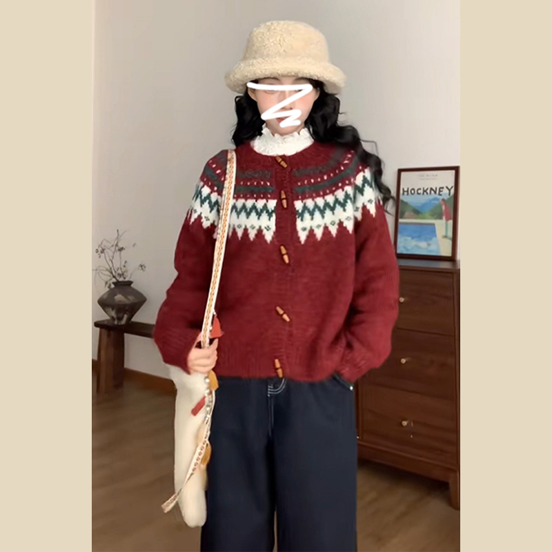 2023新款聖誕牛角扣針織開衫紅色毛衣女冬季慵懶風長袖設計感外套