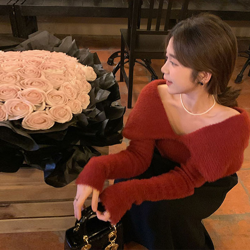 新年紅色毛衣女秋冬季2023新款一字肩內搭針織衫別致絕美上衣