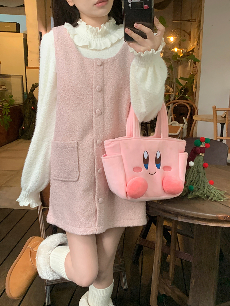 Actual shot of Korean chic early spring simple and cute pink woolen vest dress