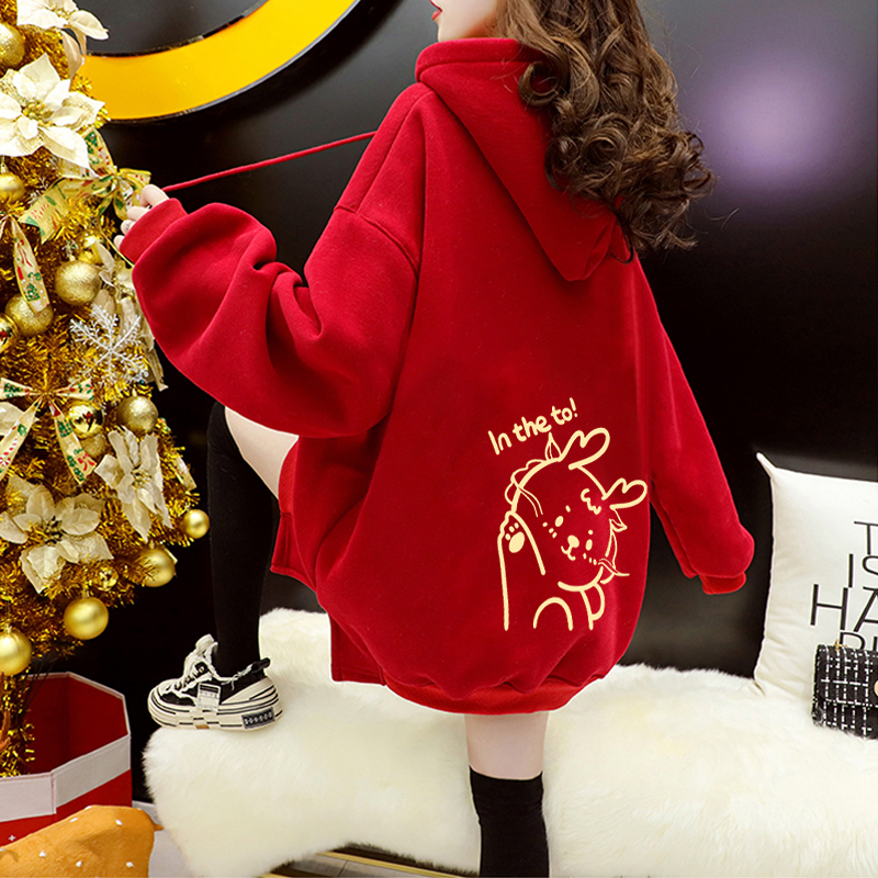 6535 Composite Super Soft Autumn and Winter 2024 Super Year of the Fire Dragon Printed Hooded Slit Long Sleeve Sweater for Women