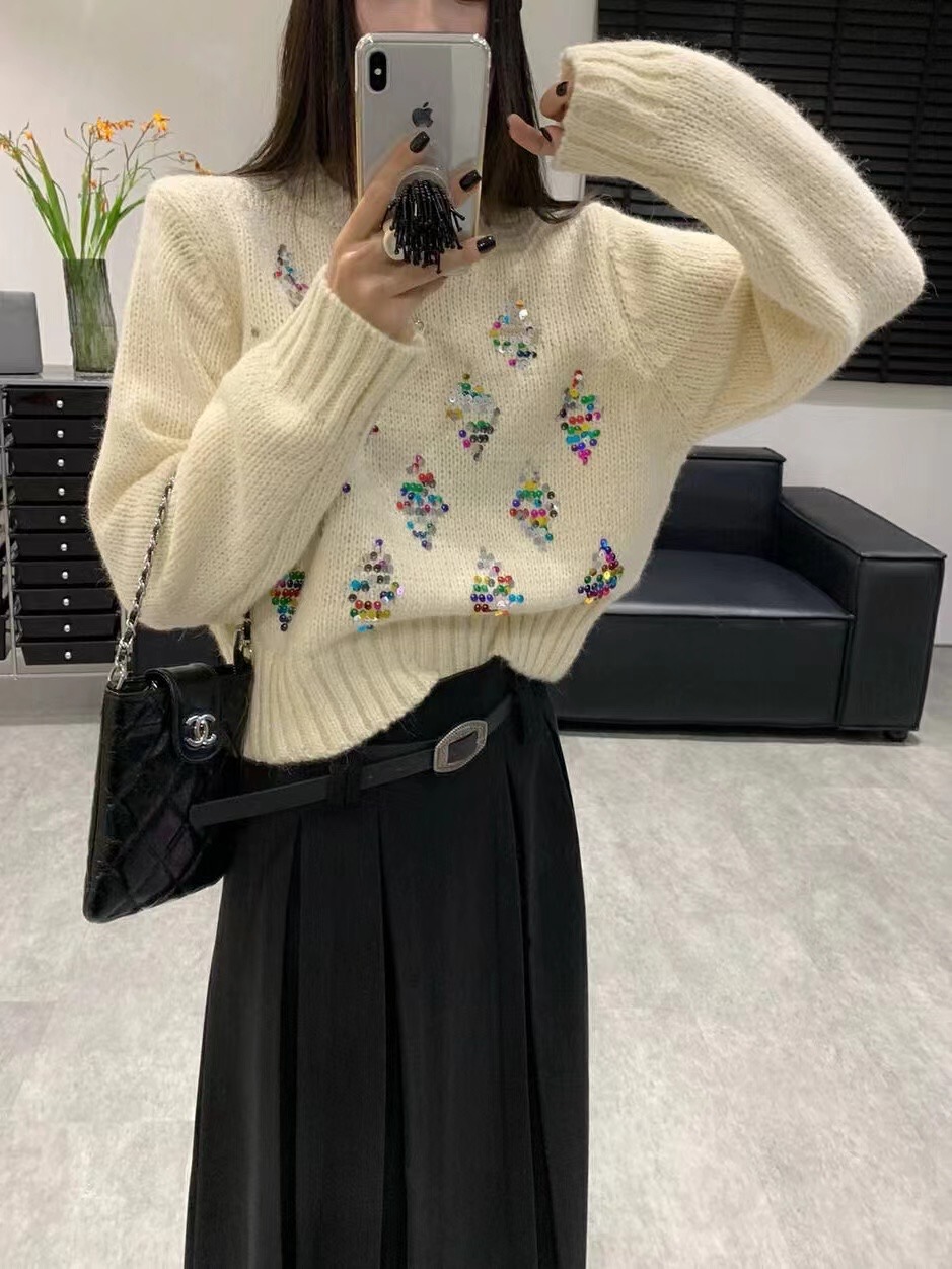 彩色菱形亮片針織衫冬季新款圓領女休閒慵懶風小個子套頭保暖毛衣