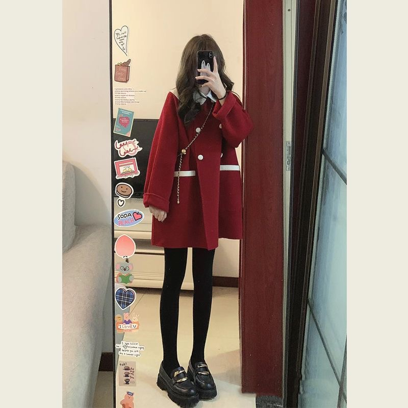 小香風2024年新年戰袍秋冬裝紅色小個子呢子大衣毛呢外套女中長款