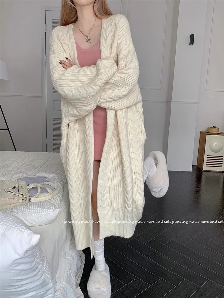 灰色麻花針織衫開衫女秋冬新款慵懶風寬鬆加厚中長款軟糯毛衣外套