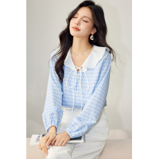 批发实拍2026春季<b class='q'>新款</b>插肩袖宽松显瘦荷叶边法式格纹长袖衬衣