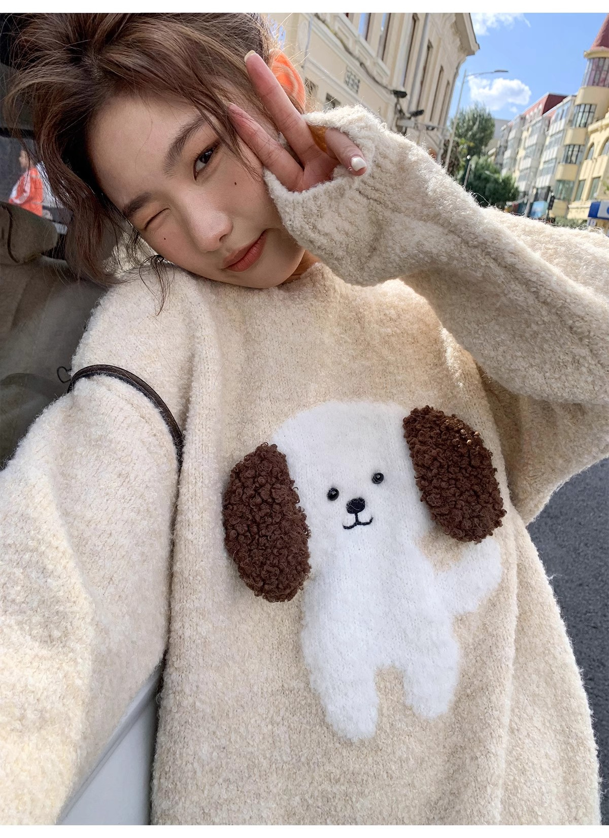 你好卡農 毛絨小狗提花毛衣女秋冬2023新款寬鬆慵懶小個子針織衫