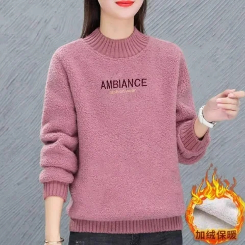 加絨加厚羊羔絨保暖衛衣女冬季新款大碼寬鬆韓版半高領泰迪絨毛衣