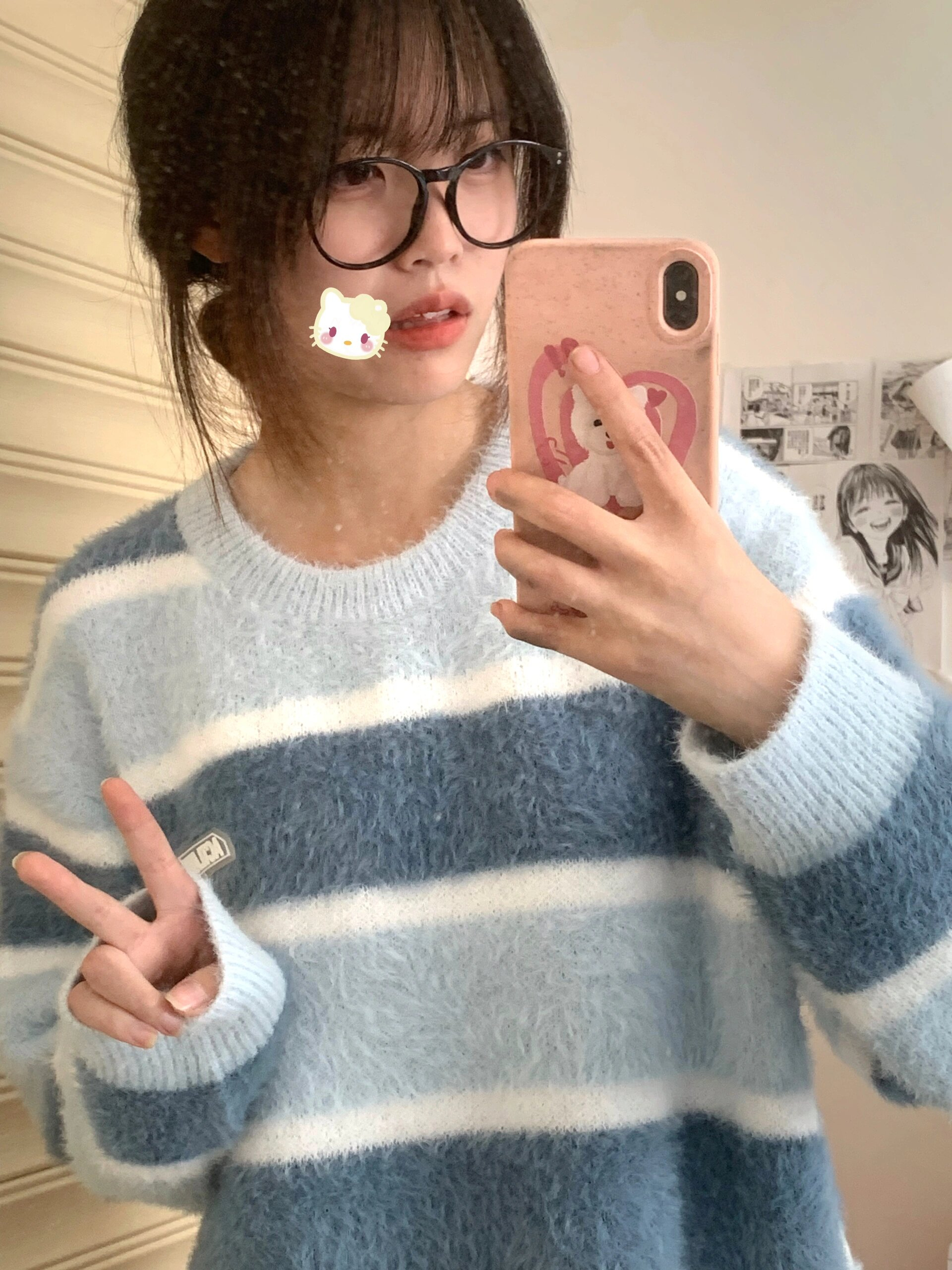 慵懶風撞色條紋氛圍感毛茸茸套頭毛衣女秋冬季寬鬆針織衫甜美上衣