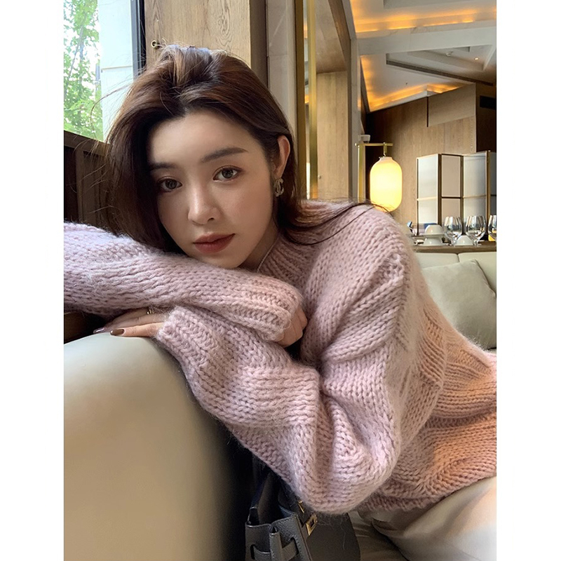 慵懶風粉色麻花毛衣套頭女秋冬溫柔寬鬆純色針織衫法式軟糯上衣