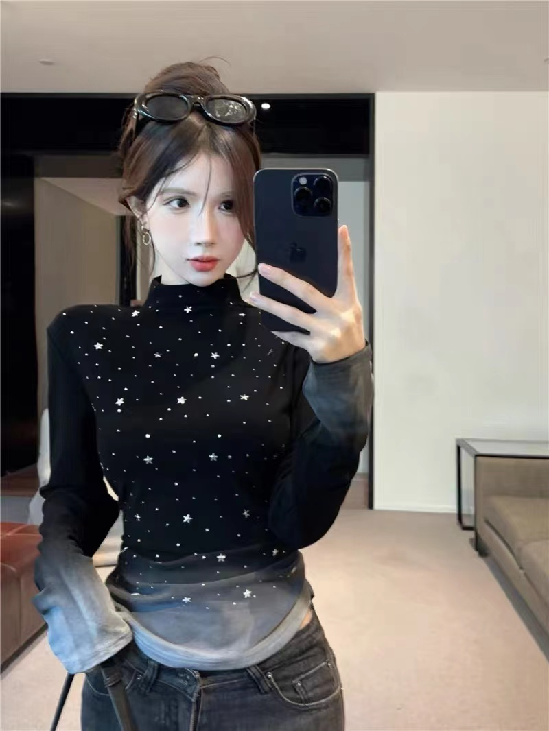 Winter niche non-contrast style five-pointed star sky pattern gradient color half turtleneck bottoming T-shirt women's long-sleeved top