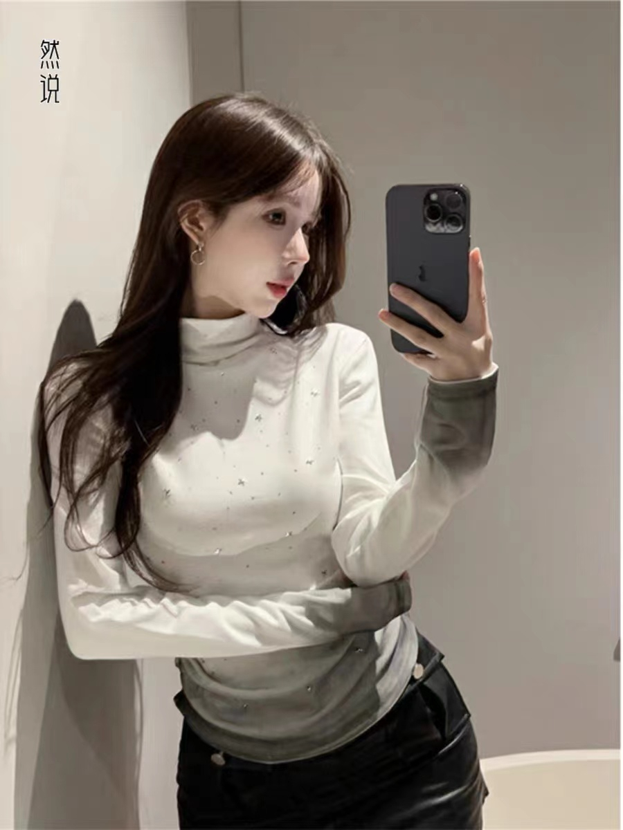 Winter niche non-contrast style five-pointed star sky pattern gradient color half turtleneck bottoming T-shirt women's long-sleeved top