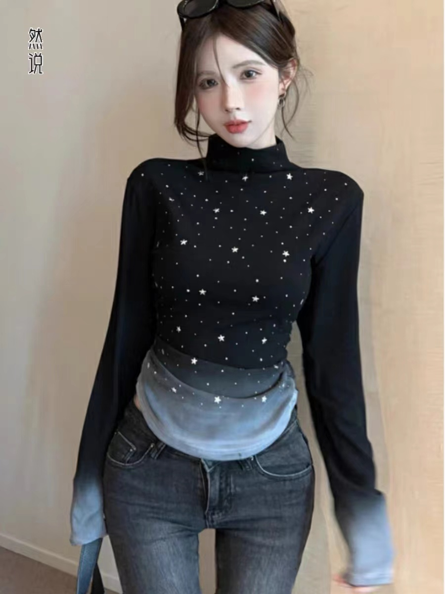 Winter niche non-contrast style five-pointed star sky pattern gradient color half turtleneck bottoming T-shirt women's long-sleeved top