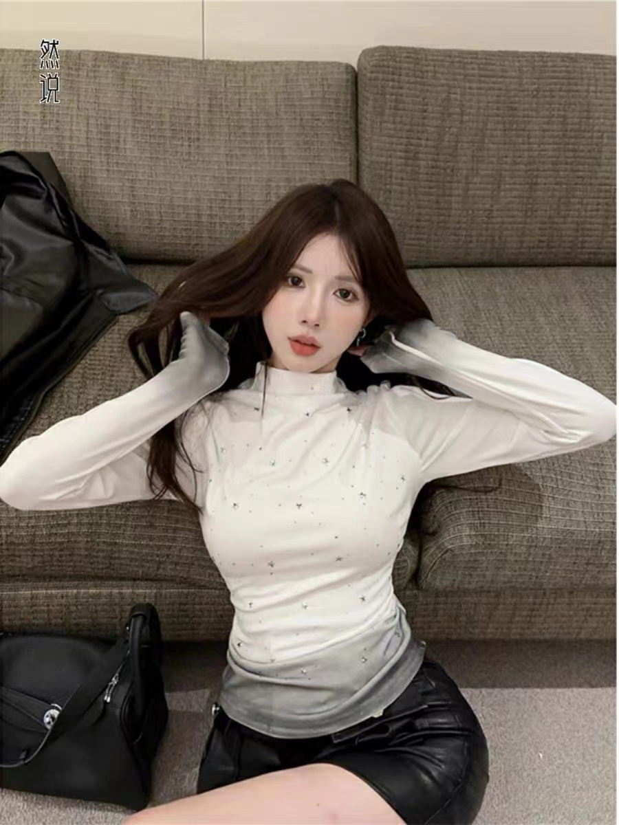 Winter niche non-contrast style five-pointed star sky pattern gradient color half turtleneck bottoming T-shirt women's long-sleeved top