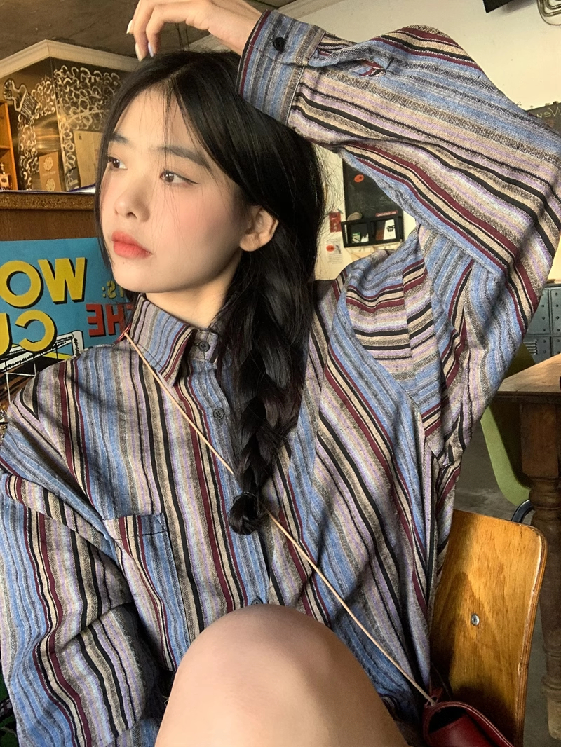 日系復古條紋長袖襯衫外套男友風休閒百搭襯衣女