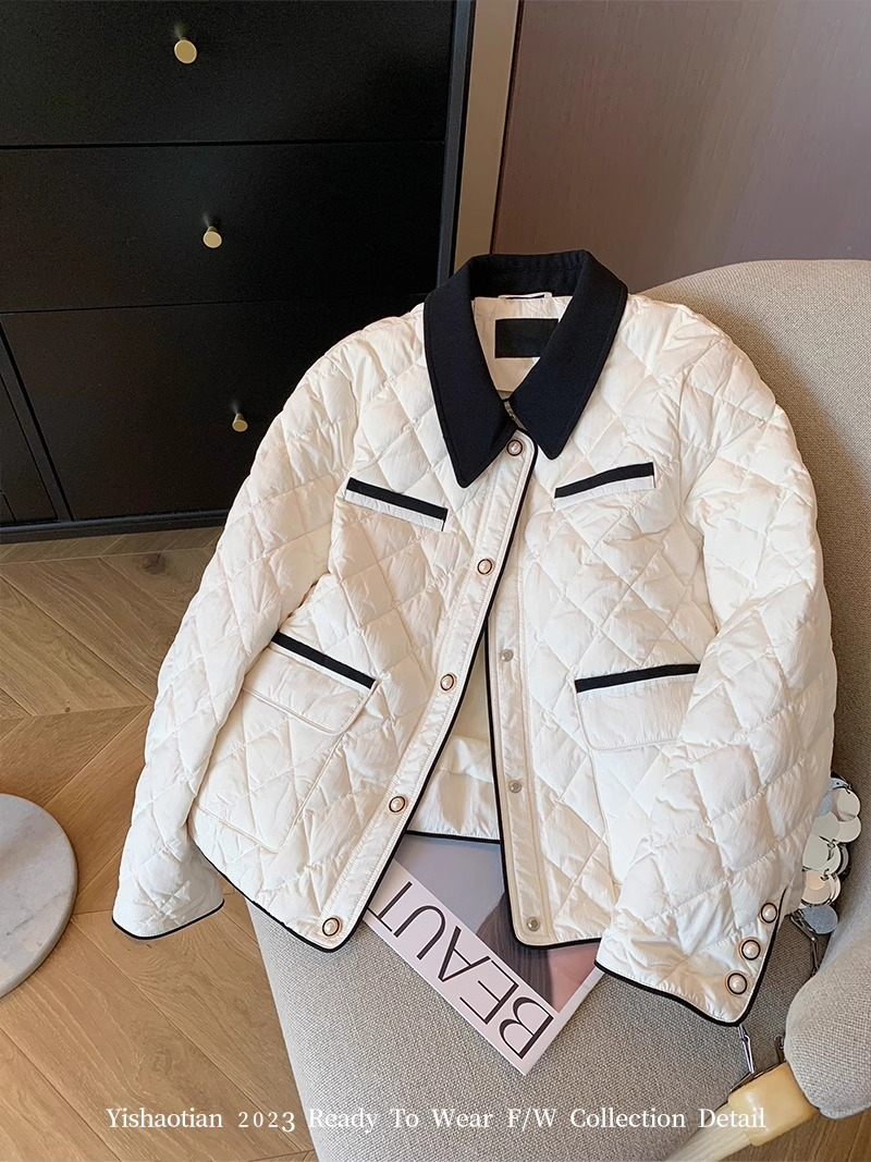 Xiaoxiangfeng black and white contrast diamond lapel cotton coat 2023 women's winter fashion high-end warm quilted jacket