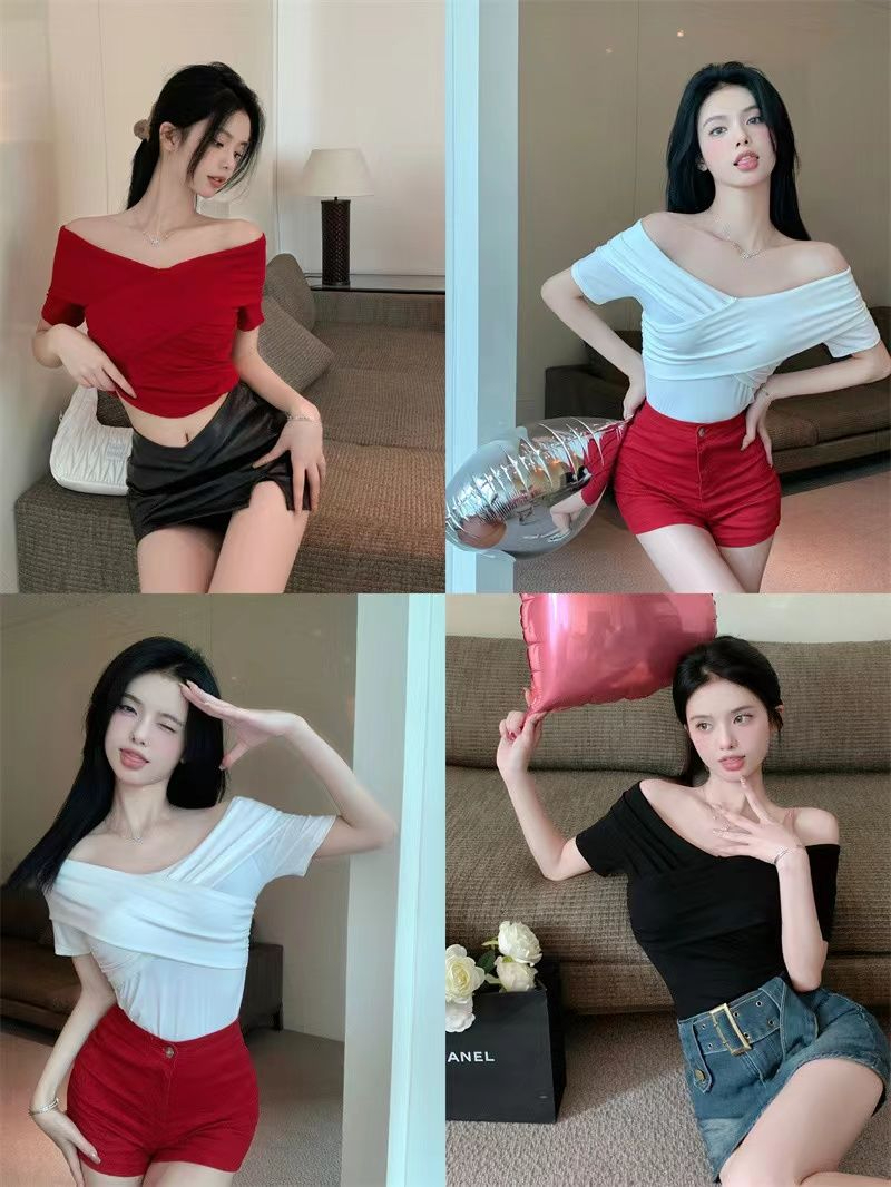 2024 summer new style French retro cross one-shoulder top for women Hong Kong style niche temperament slim short T-shirt