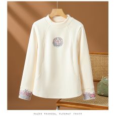 批发德绒新中式国风长袖卫衣女秋冬加厚保暖半高领打底衫休闲百搭<b class='q'>上衣</b>