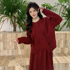 批发实拍2025大码女装胖mm新中式小香国风红色卫衣<b class='q'>时尚</b><b class='q'>连衣裙</b>子两件套