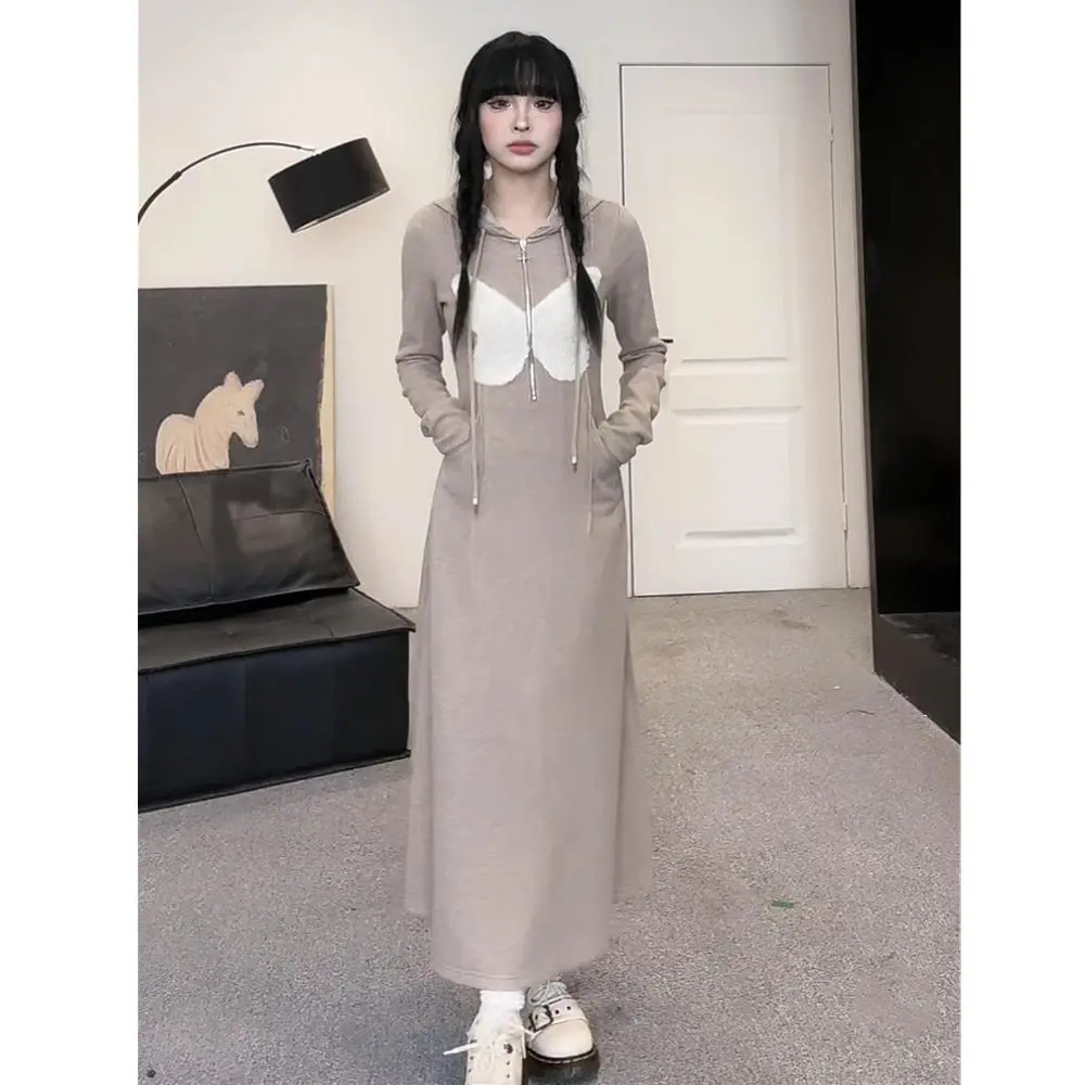 美拉德連帽收腰連衣裙小個子可穿長款短款楓葉蝶溺水三魚同款